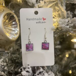 Handmade Poured Paint Square Earrings Swirl Stainless Steel Elderly Artisan